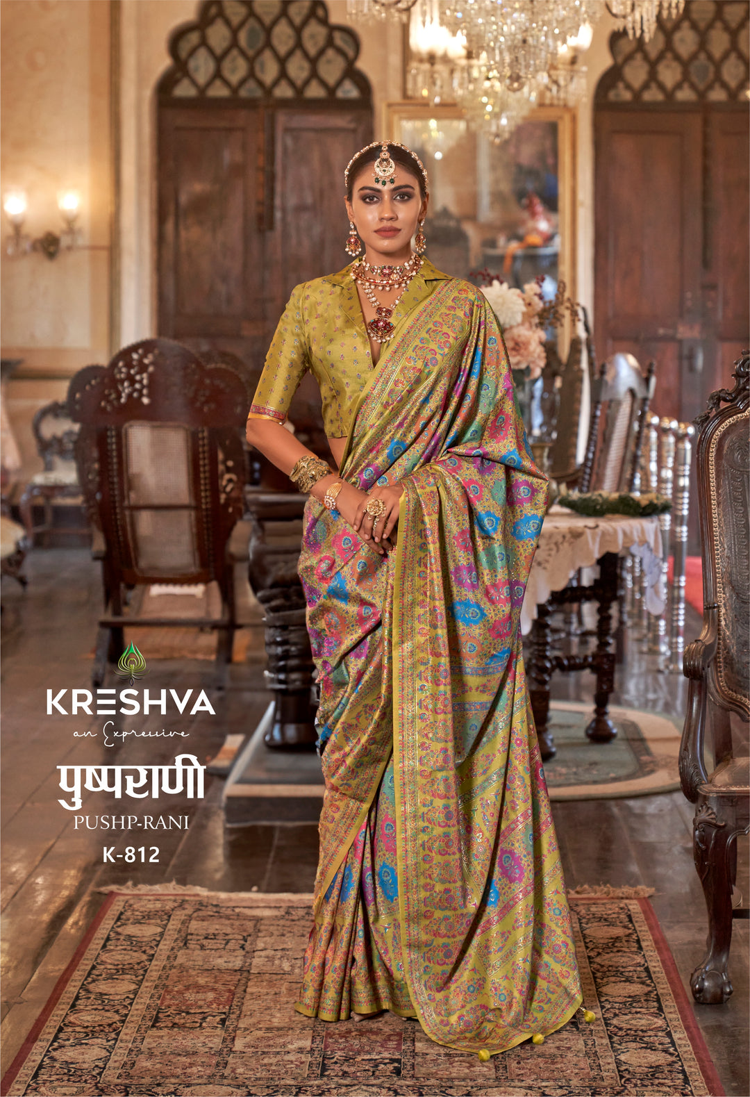 Mustard Green Pashmina Inspired Heritage Designer Saree