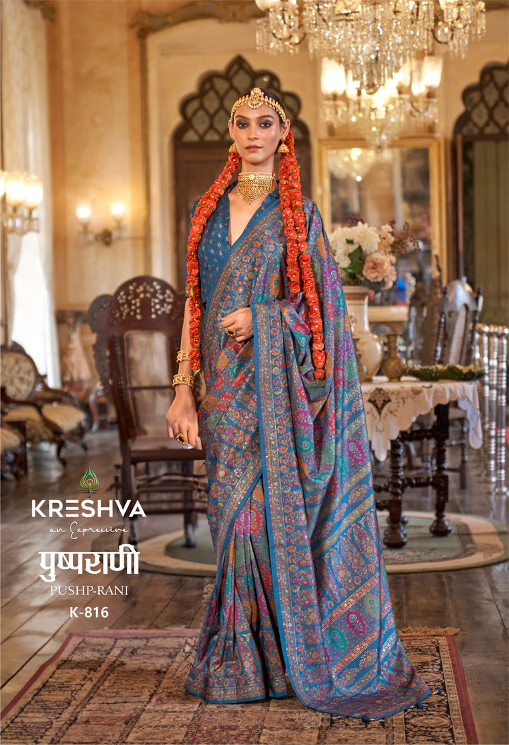 Teal Blue Pashmina Inspired Heritage Designer Saree