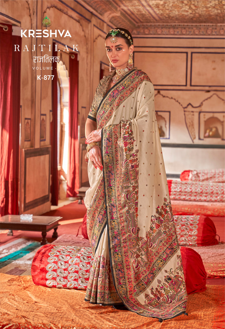 Royal Rajtilak  Pashmina Inspired Heritage Print Cream Saree with Traditional Folk Border