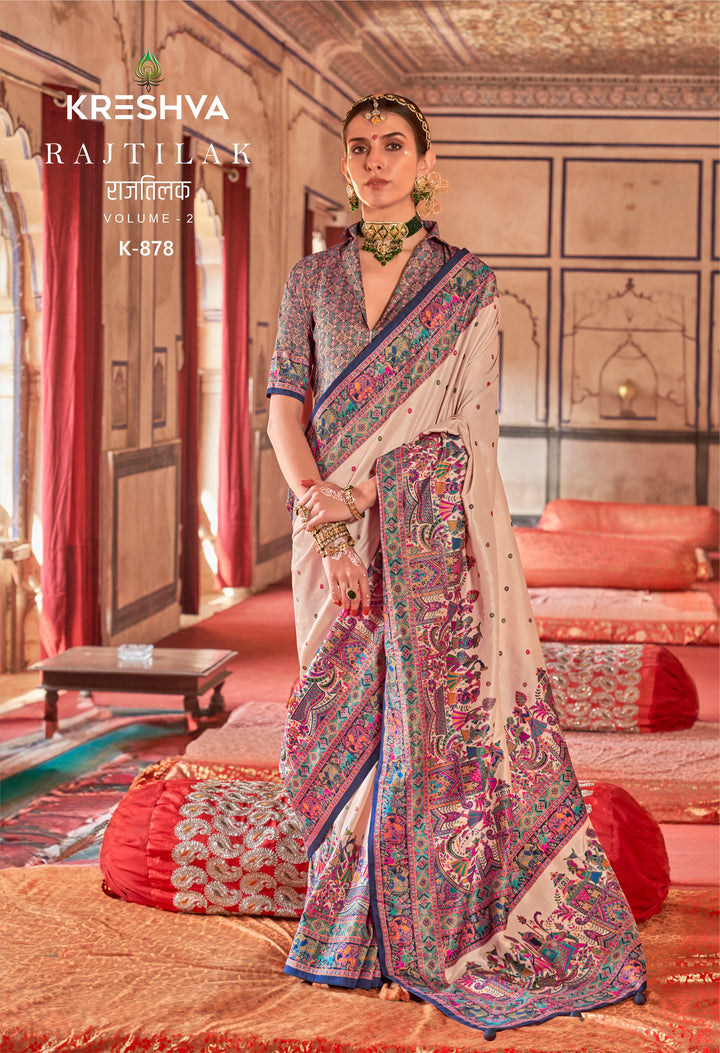 Royal Rajtilak  Pashmina Inspired Heritage Print Cream Saree with Traditional Folk Border