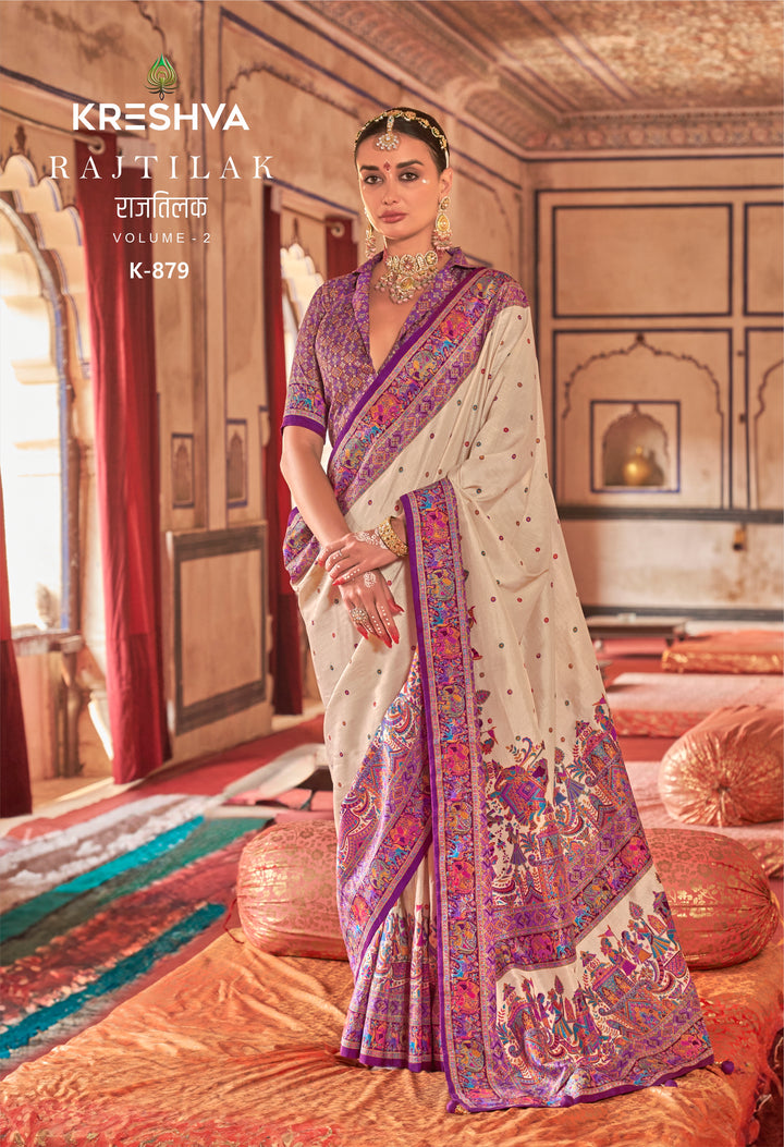 Royal Rajtilak  Pashmina Inspired Heritage Print Cream Saree with Traditional Folk Border