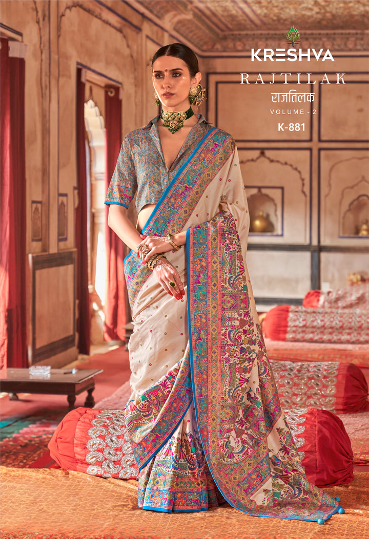 Royal Rajtilak  Pashmina Inspired Heritage Print Cream Saree with Traditional Folk Border