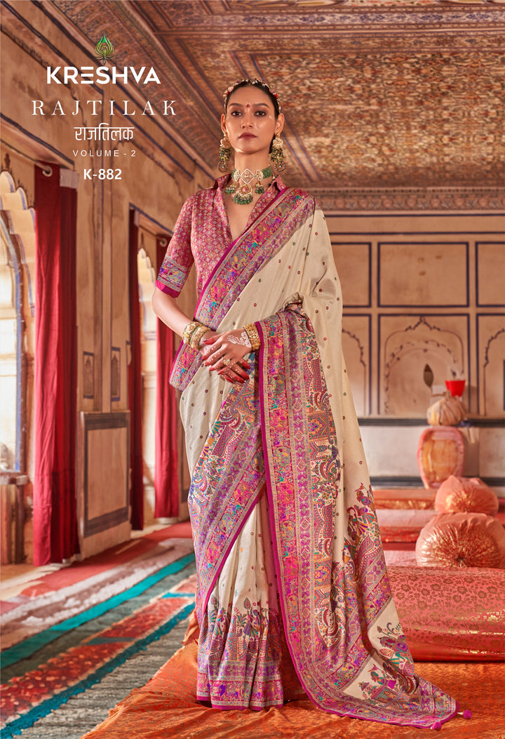 Royal Rajtilak  Pashmina Inspired Heritage Print Cream Saree with Traditional Folk Border