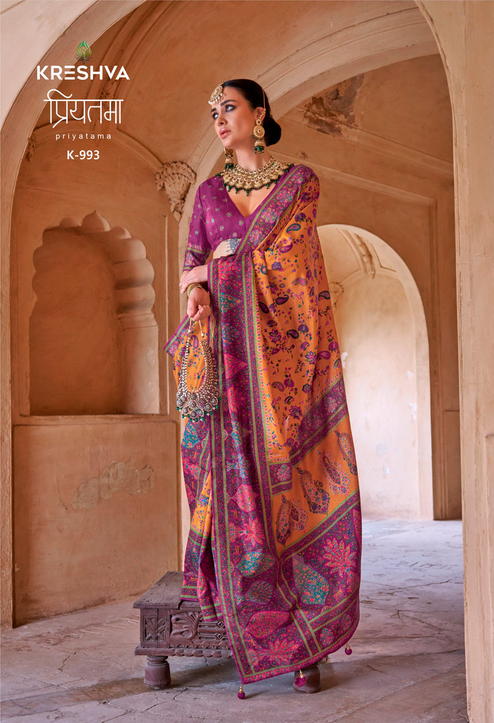 Mustard Yellow & Magenta Heritage Pashmina Inspired Designer Saree with Royal Traditional Border