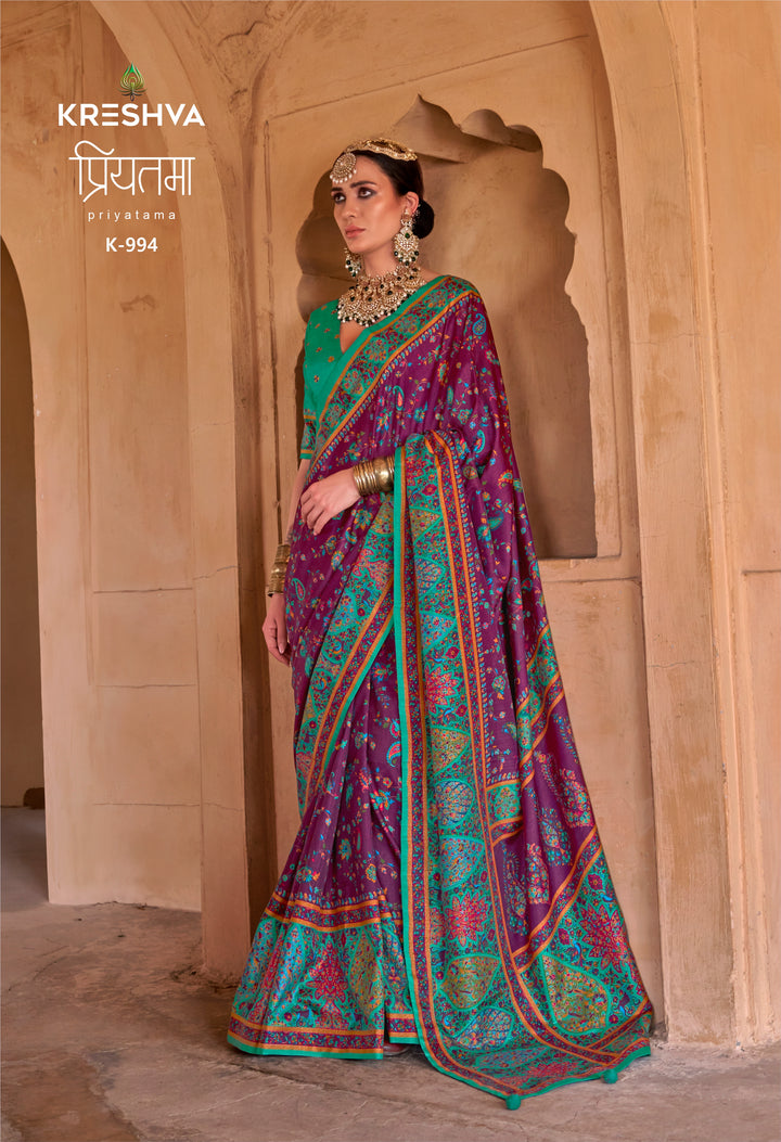 Royal Purple & Teal Green Heritage Pashmina Inspired Designer Saree with Traditional Border