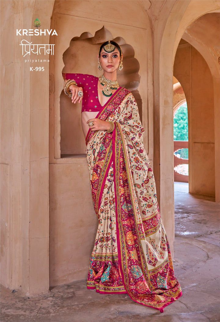 Royal Cream & Rani Pink Heritage Pashmina Inspired Designer Saree