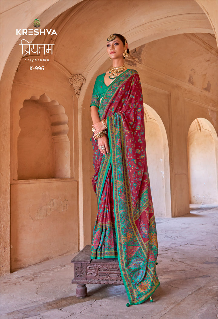 Royal Maroon & Emerald Green Heritage Pashmina Inspired Designer Saree