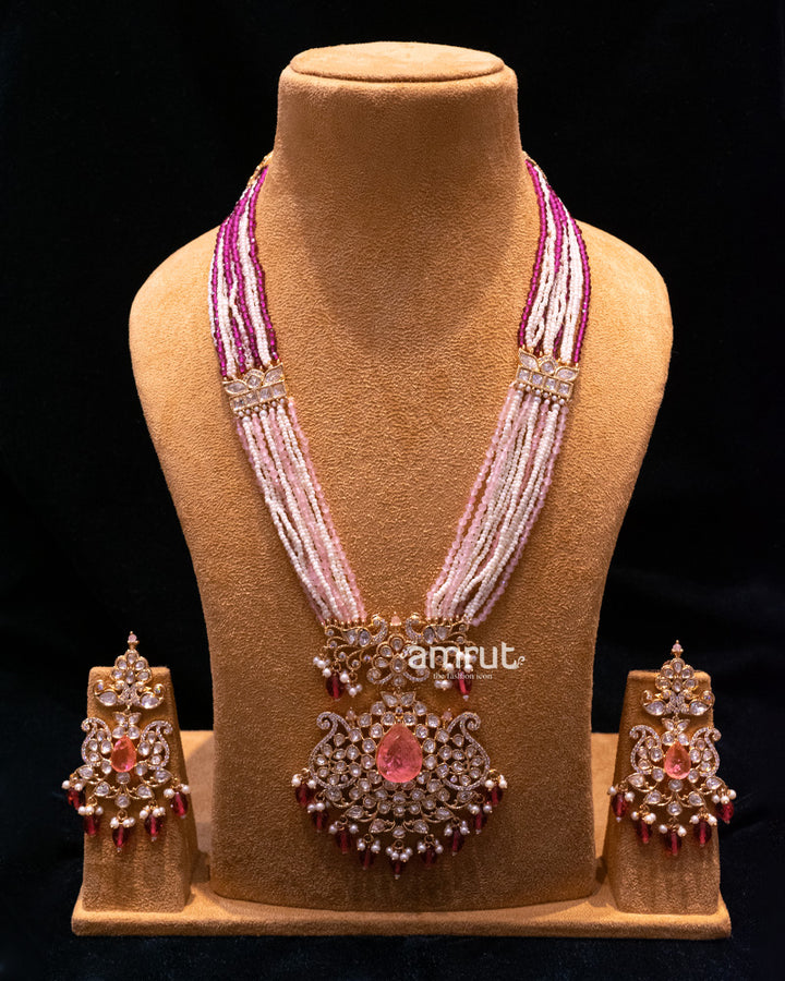 Peach Stone Layer Pearl Beads Long Necklace with Earrings