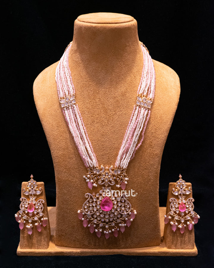 Kundan Pink Stone and Pearl Beads Long Necklace JewelleryPeach Stone Layer Pearl Beads Long Necklace with Earrings