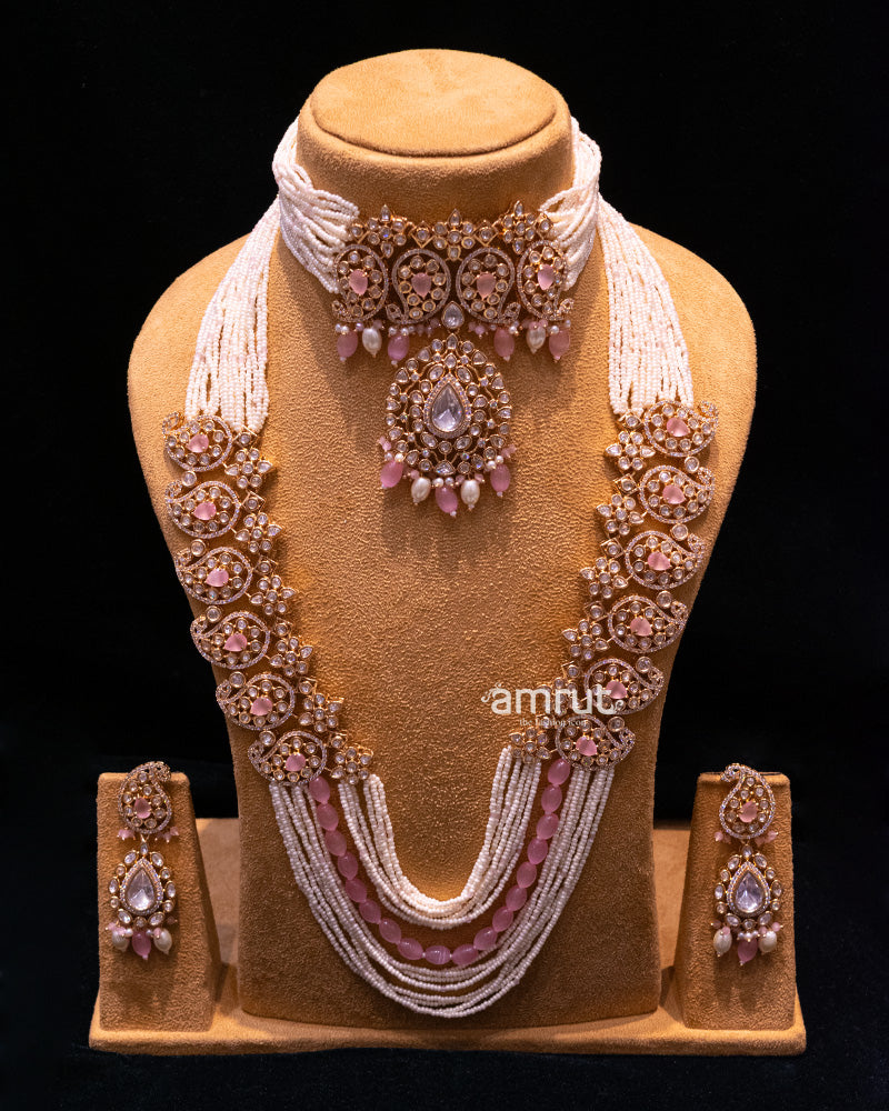 Kundan Pink Stone and Pearl Beads Long Necklace Set for Bridal