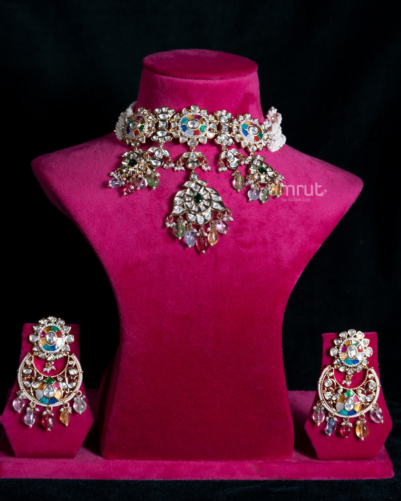 Kundan Floral Choker Necklace with Earrings 01