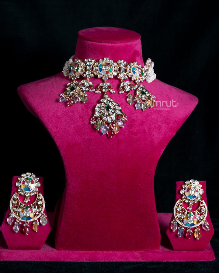 Kundan Floral Choker Necklace with Earrings 01