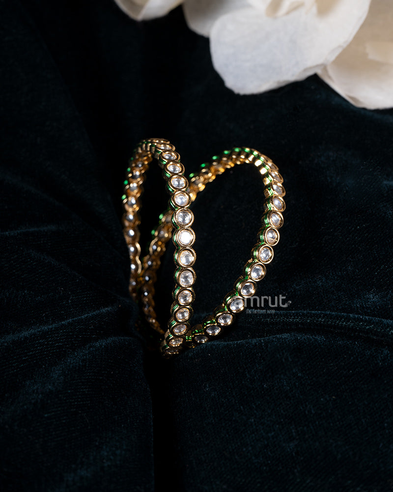 Kundan Polki with White and Green Stones Golden Bangle Set 01