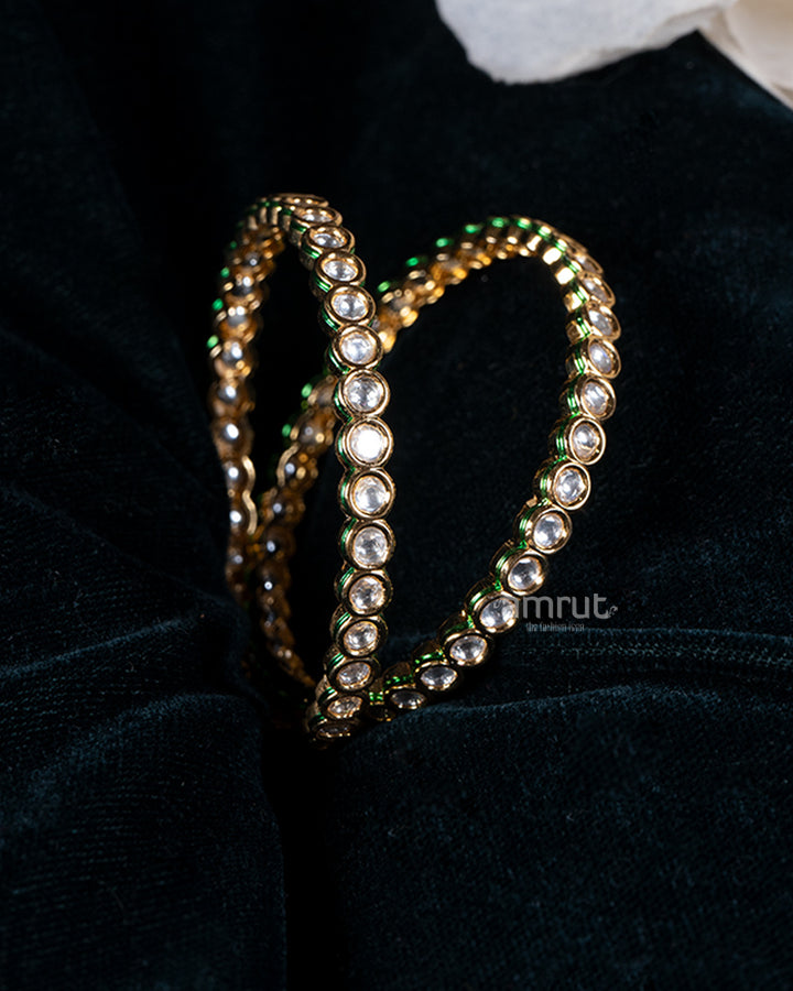 Kundan Polki with White and Green Stones Golden Bangle Set 02