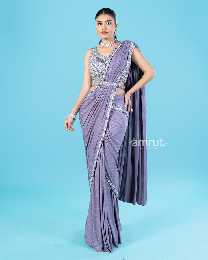 Lavender-Purple Ready-to-Wear Saree with Silver Sequin Embellished Blouse and Belt 01