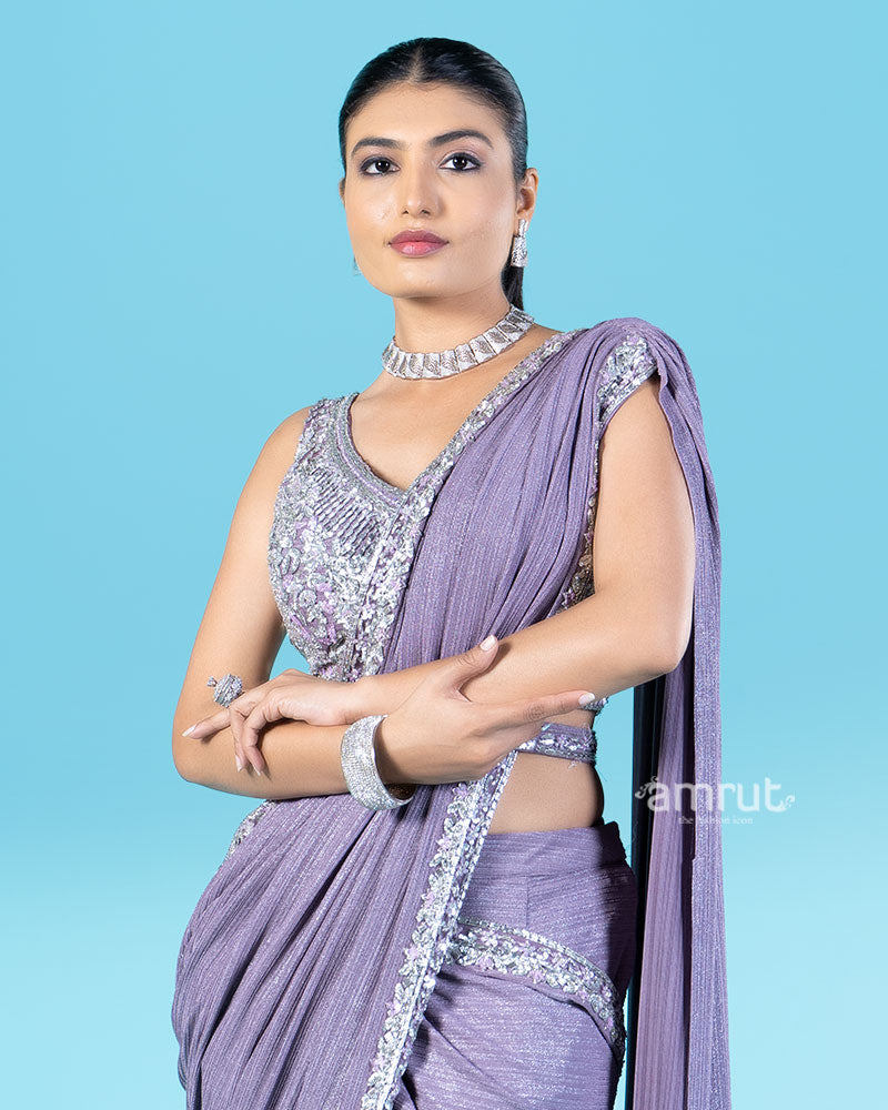 Lavender-Purple Ready-to-Wear Saree with Silver Sequin Embellished Blouse and Belt 02