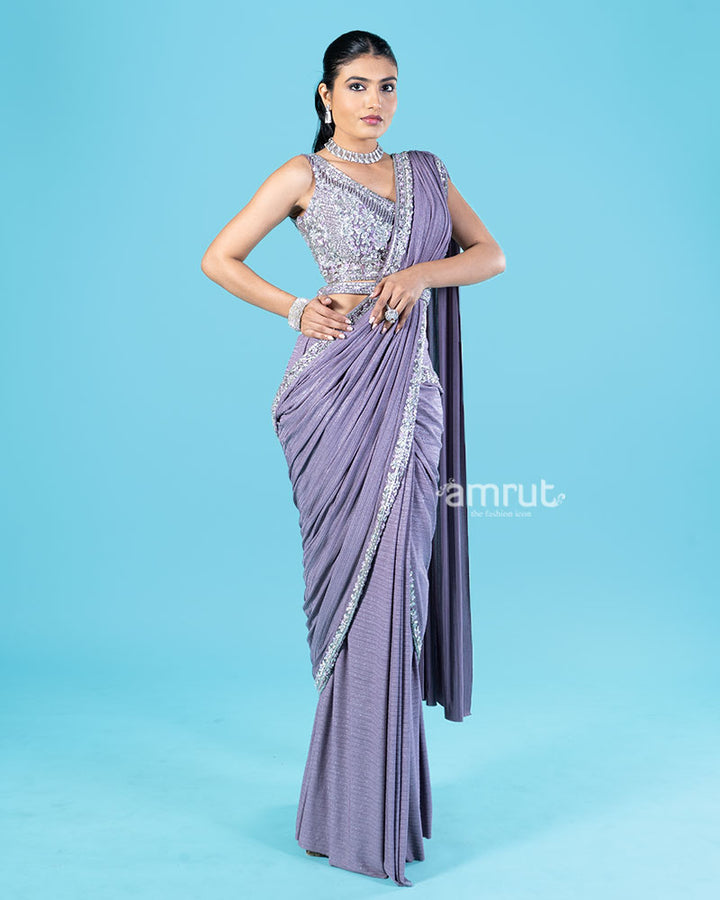 Lavender-Purple Ready-to-Wear Saree with Silver Sequin Embellished Blouse and Belt 04