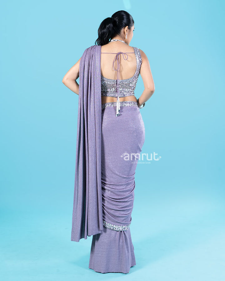 Lavender-Purple Ready-to-Wear Saree with Silver Sequin Embellished Blouse and Belt 05