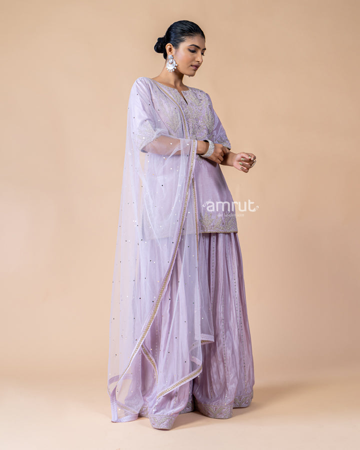 Lavender Palazzo Kurta Suit with Net Dupatta