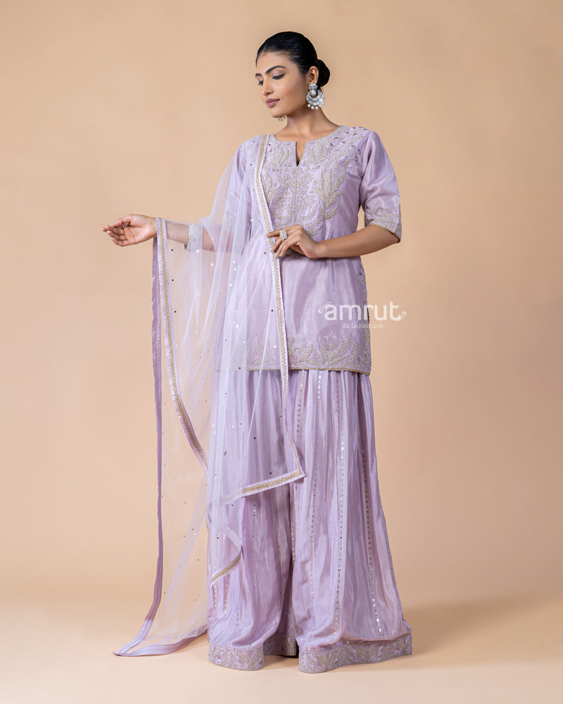 Lavender Palazzo Kurta Suit with Net Dupatta