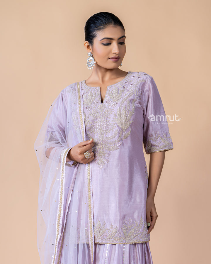 Lavender Palazzo Kurta Suit with Net Dupatta