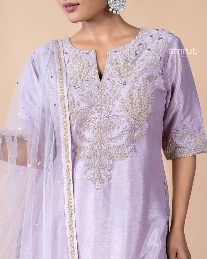 Lavender Palazzo Kurta Suit with Net Dupatta