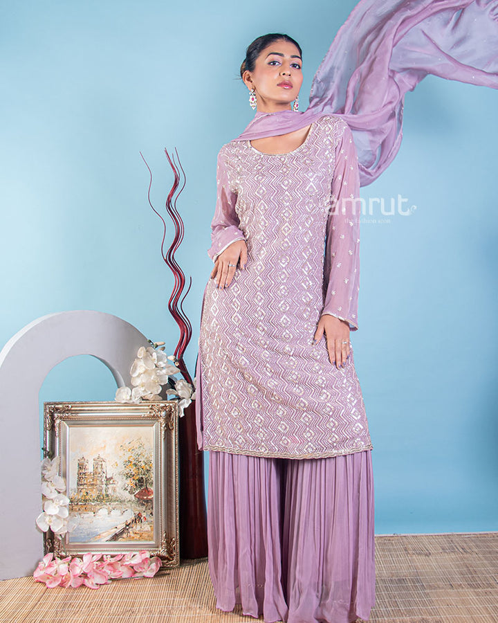 Lavender Purple Kurti Gharara Set With Sequin Work