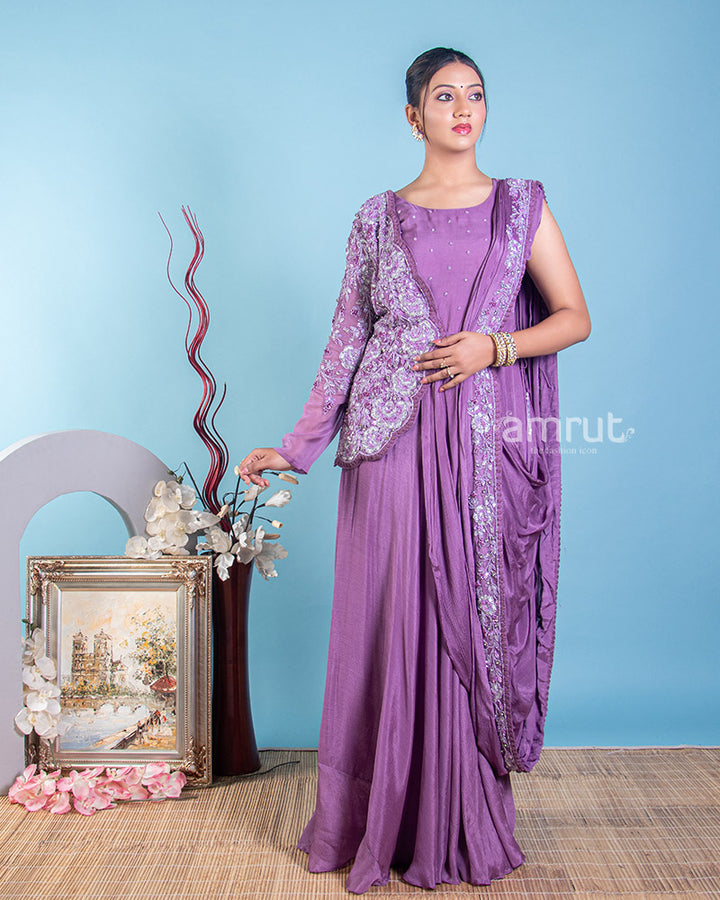 Lavender Silver Embroidered Gown In Crepe Silk Fabric