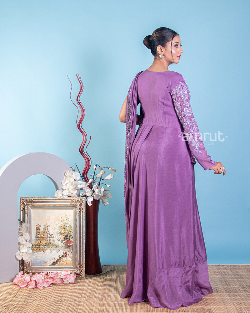 Lavender Silver Embroidered Gown In Crepe Silk Fabric
