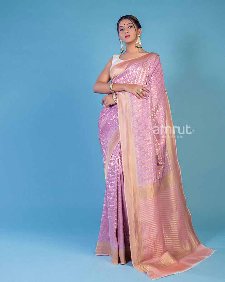 Lavender Woven Banarasi Silk Saree With Unstitched Blouse