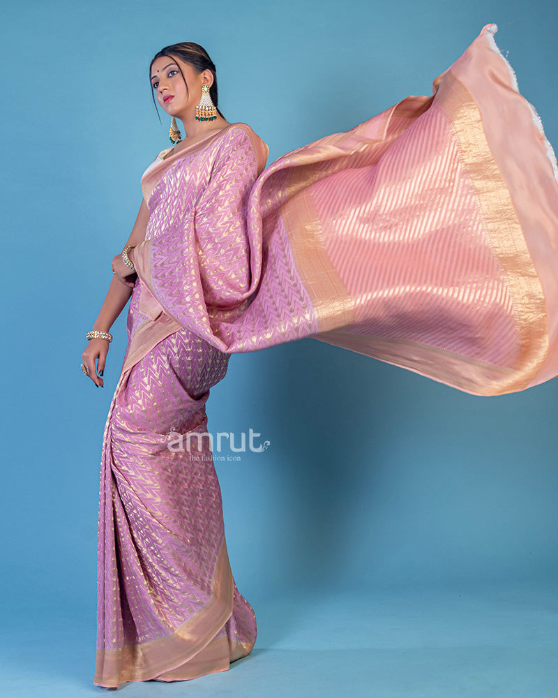 Lavender Woven Banarasi Silk Saree With Unstitched Blouse