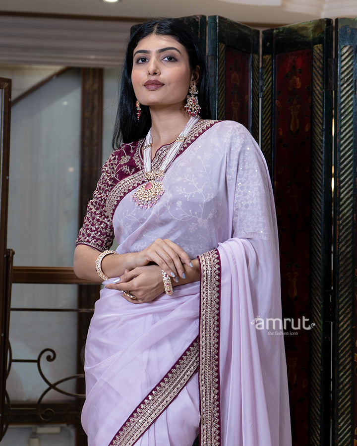 Lavender Embroidered Border Saree with Stitched Blouse 02