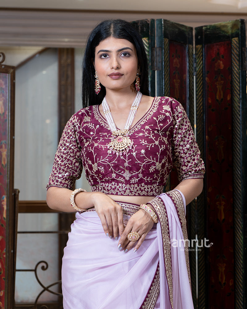 Lavender Embroidered Border Saree with Stitched Blouse 03