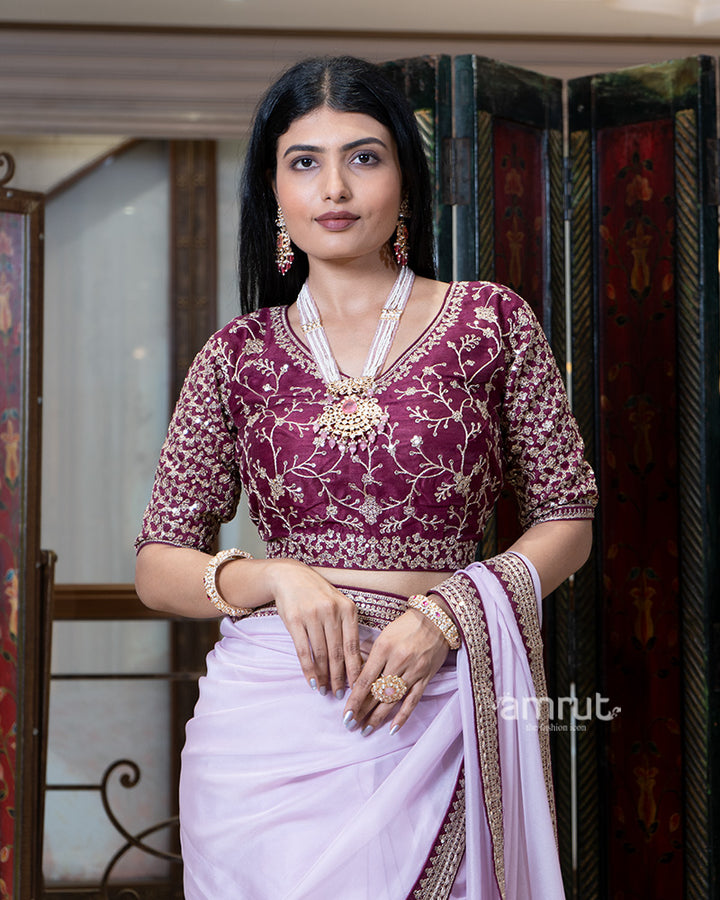 Lavender Embroidered Border Saree with Stitched Blouse 03