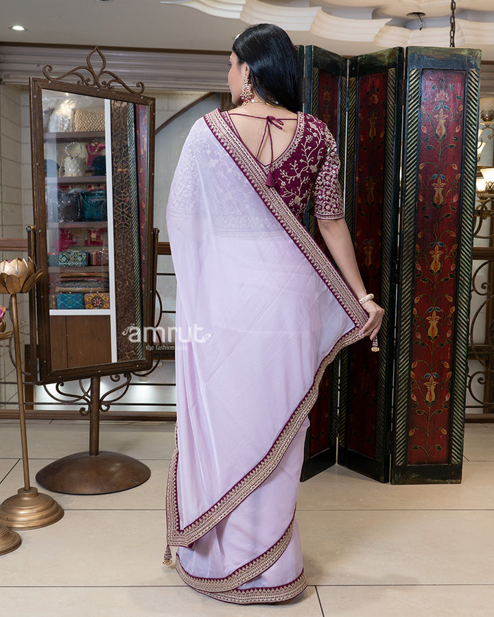 Lavender Embroidered Border Saree with Stitched Blouse 04