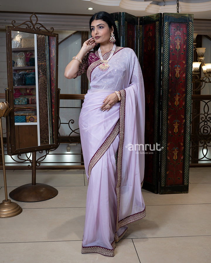Lavender Embroidered Border Saree with Stitched Blouse 05