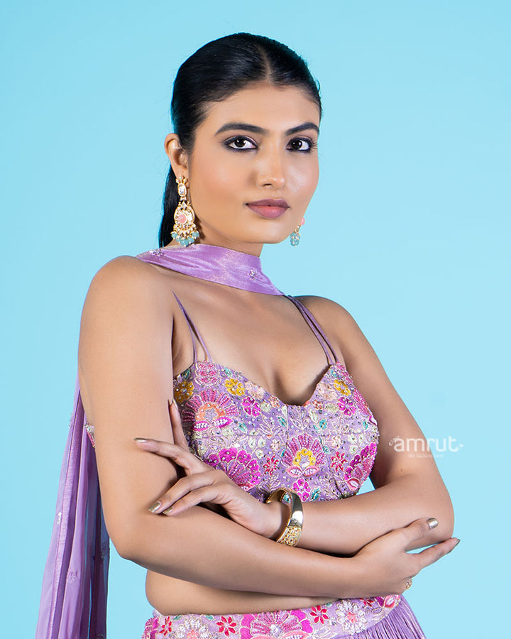 Lavender Floral Embroidered Lehenga Choli with Sheer Dupatta 02