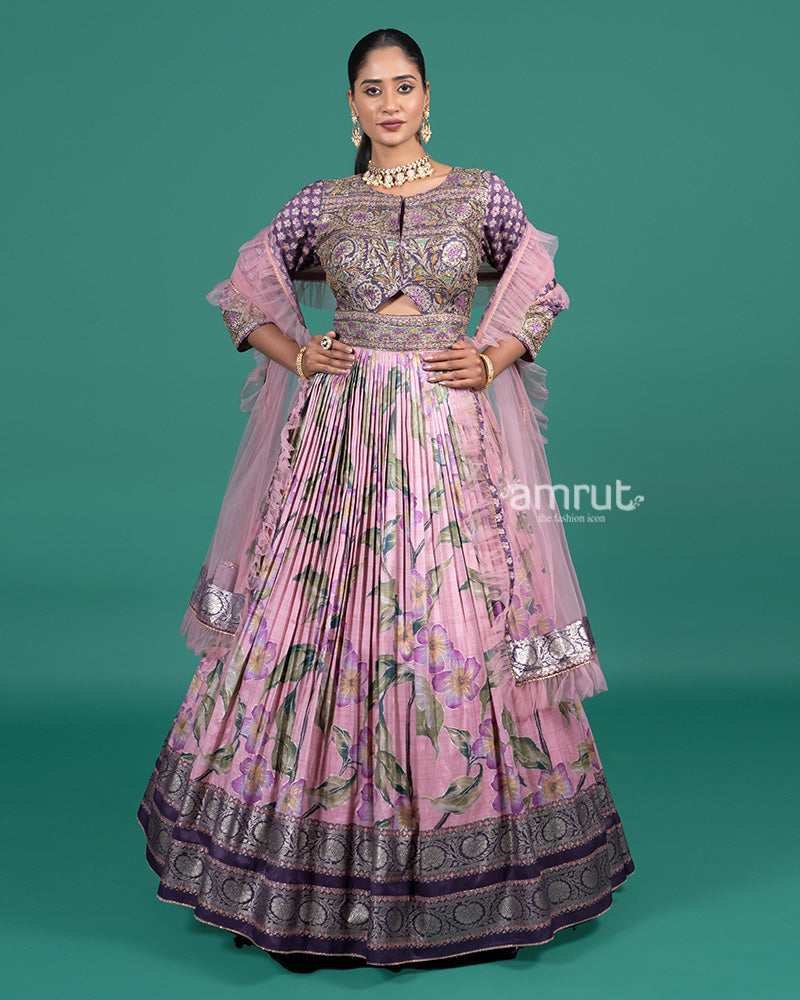 Lavender Floral Printed Embroidered Gown with Net Dupatta 01