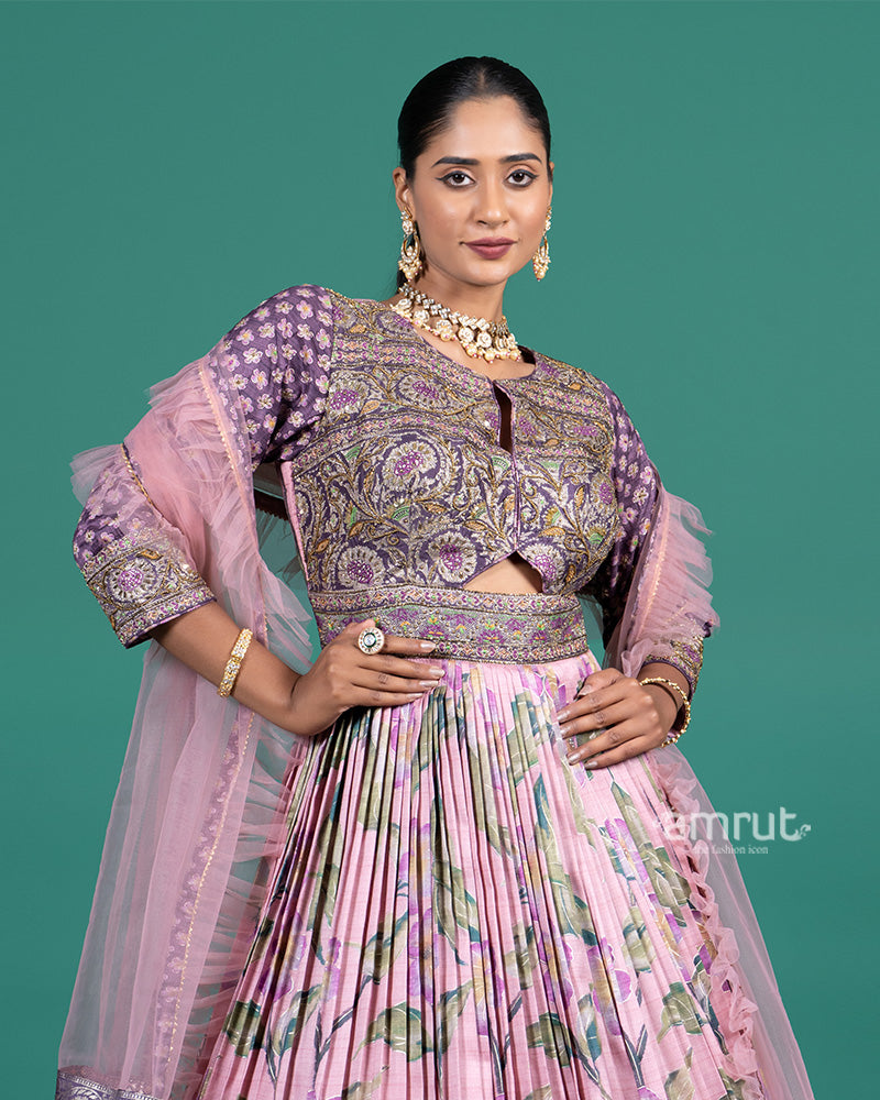 Lavender Floral Printed Embroidered Gown with Net Dupatta 02