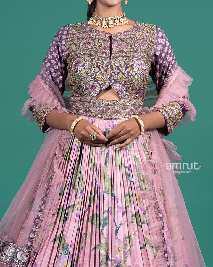 Lavender Floral Printed Embroidered Gown with Net Dupatta 03
