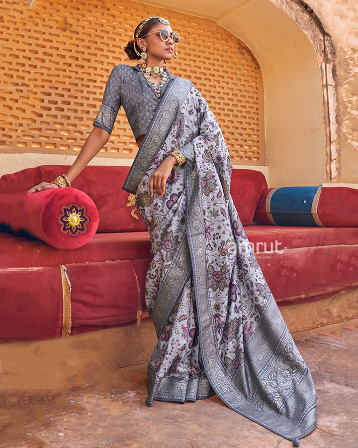 Lavender Floral Printed Silk Saree with Unstitched Blouse  01