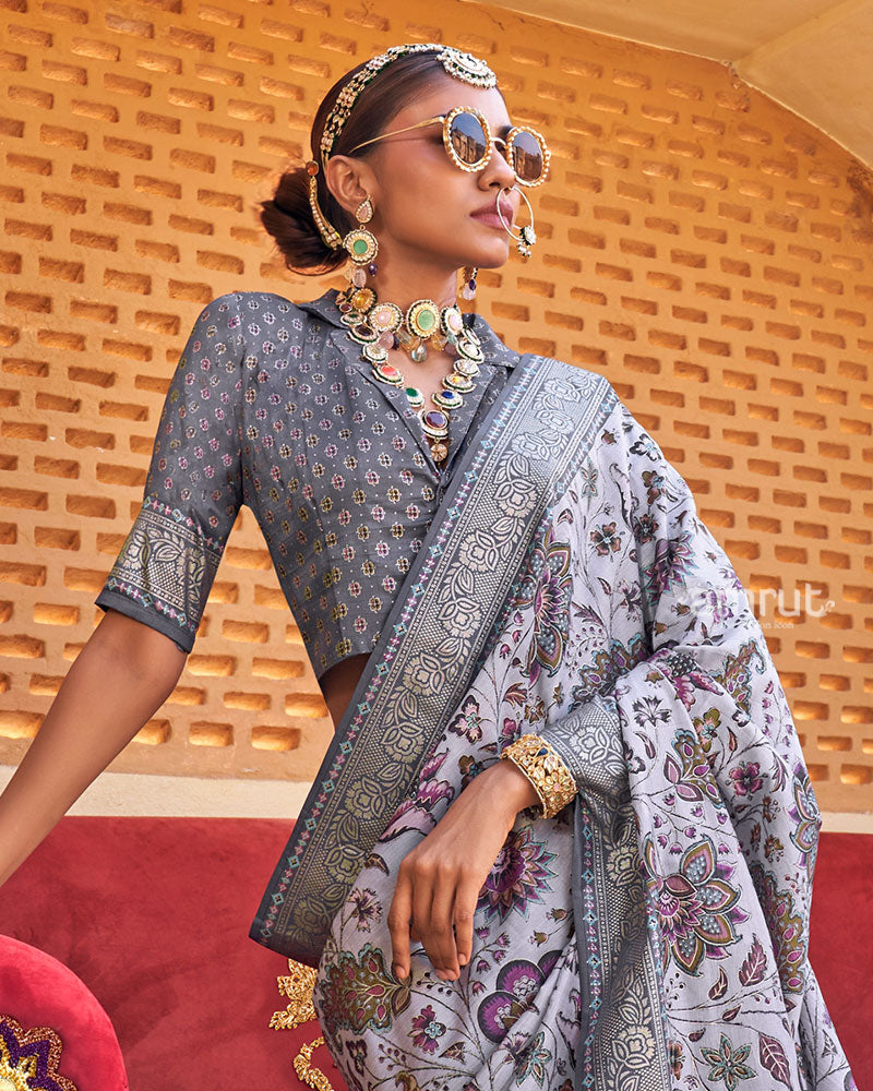Lavender Floral Printed Silk Saree with Unstitched Blouse  02