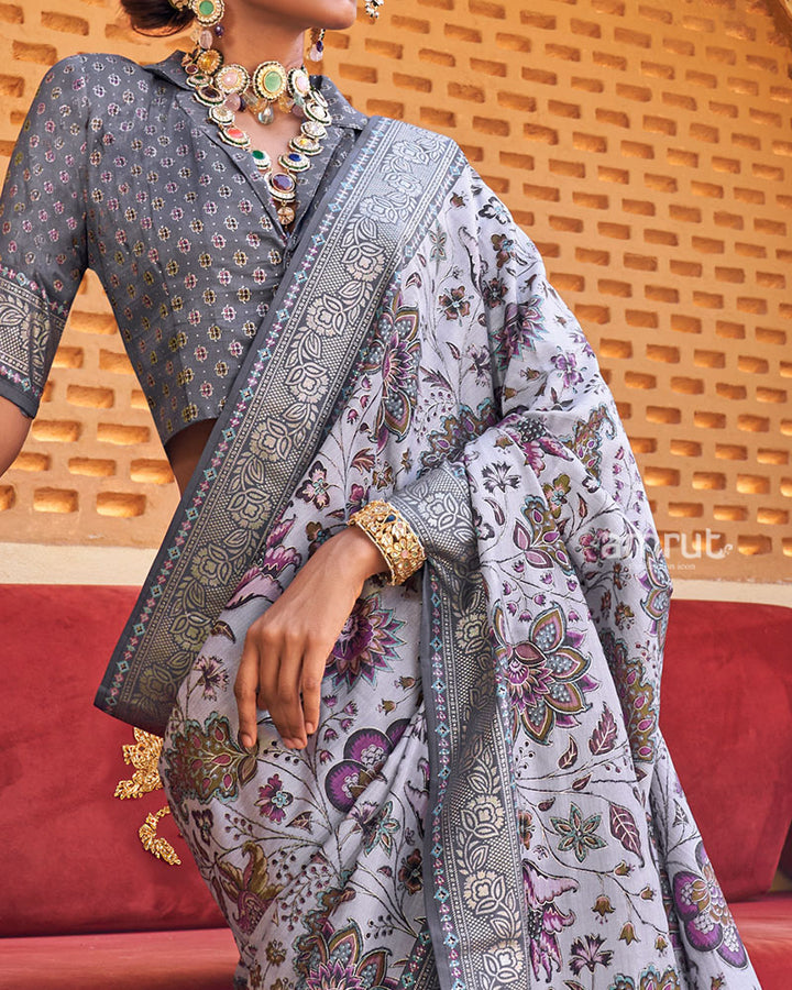 Lavender Floral Printed Silk Saree with Unstitched Blouse  03