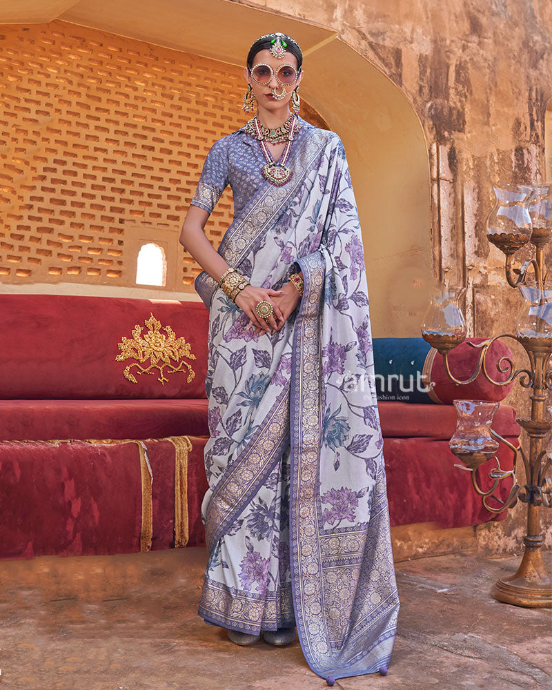 Lavender Floral Printed Silk Saree with an Unstitched Blouse 01