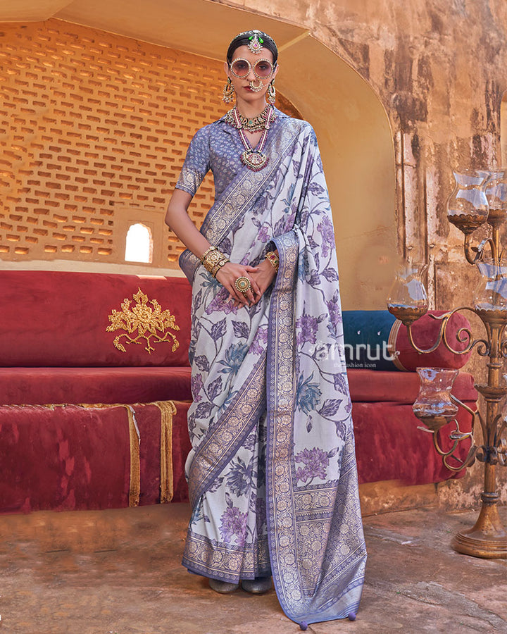 Lavender Floral Printed Silk Saree with an Unstitched Blouse 01