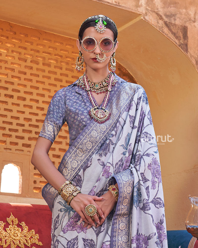 Lavender Floral Printed Silk Saree with an Unstitched Blouse 02