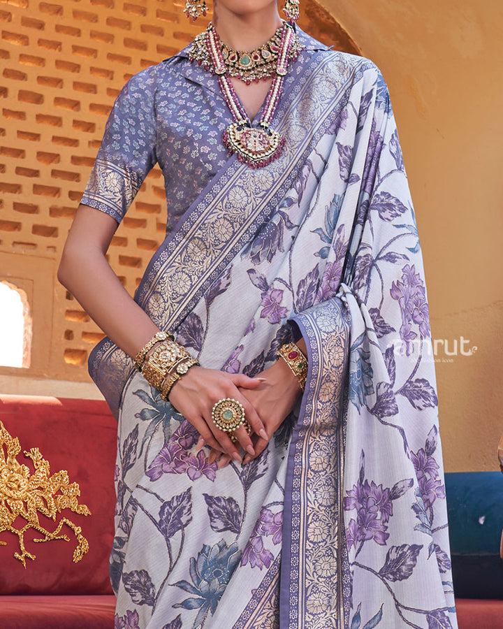 Lavender Floral Printed Silk Saree with an Unstitched Blouse 03