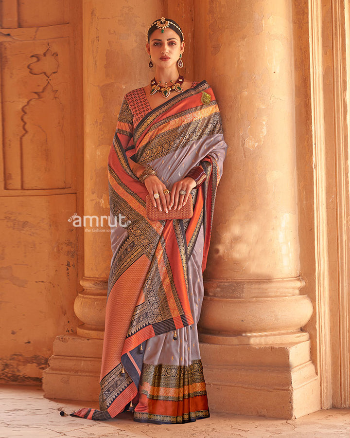 Lavender Grey and Rust Dual-Tone Borders Printed Patola Silk Saree with Unstitched Blouse 01