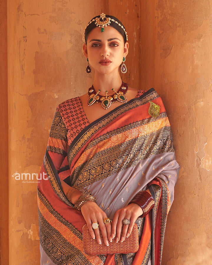 Lavender Grey and Rust Dual-Tone Borders Printed Patola Silk Saree with Unstitched Blouse 02