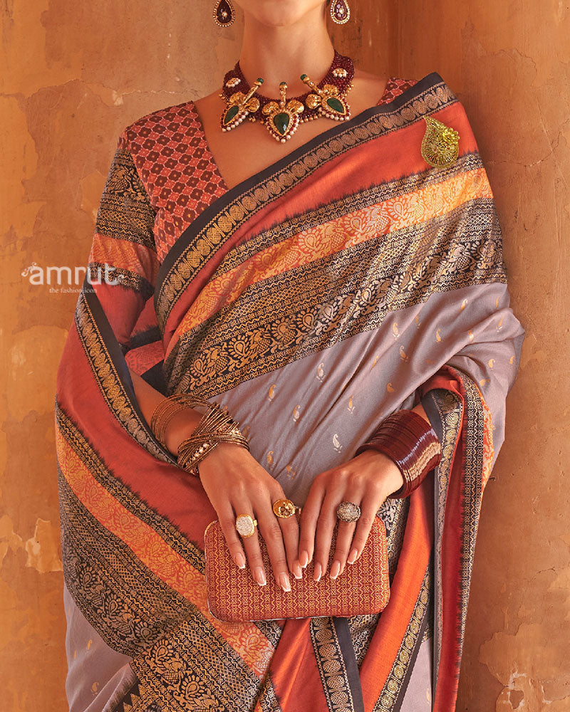 Lavender Grey and Rust Dual-Tone Borders Printed Patola Silk Saree with Unstitched Blouse 03